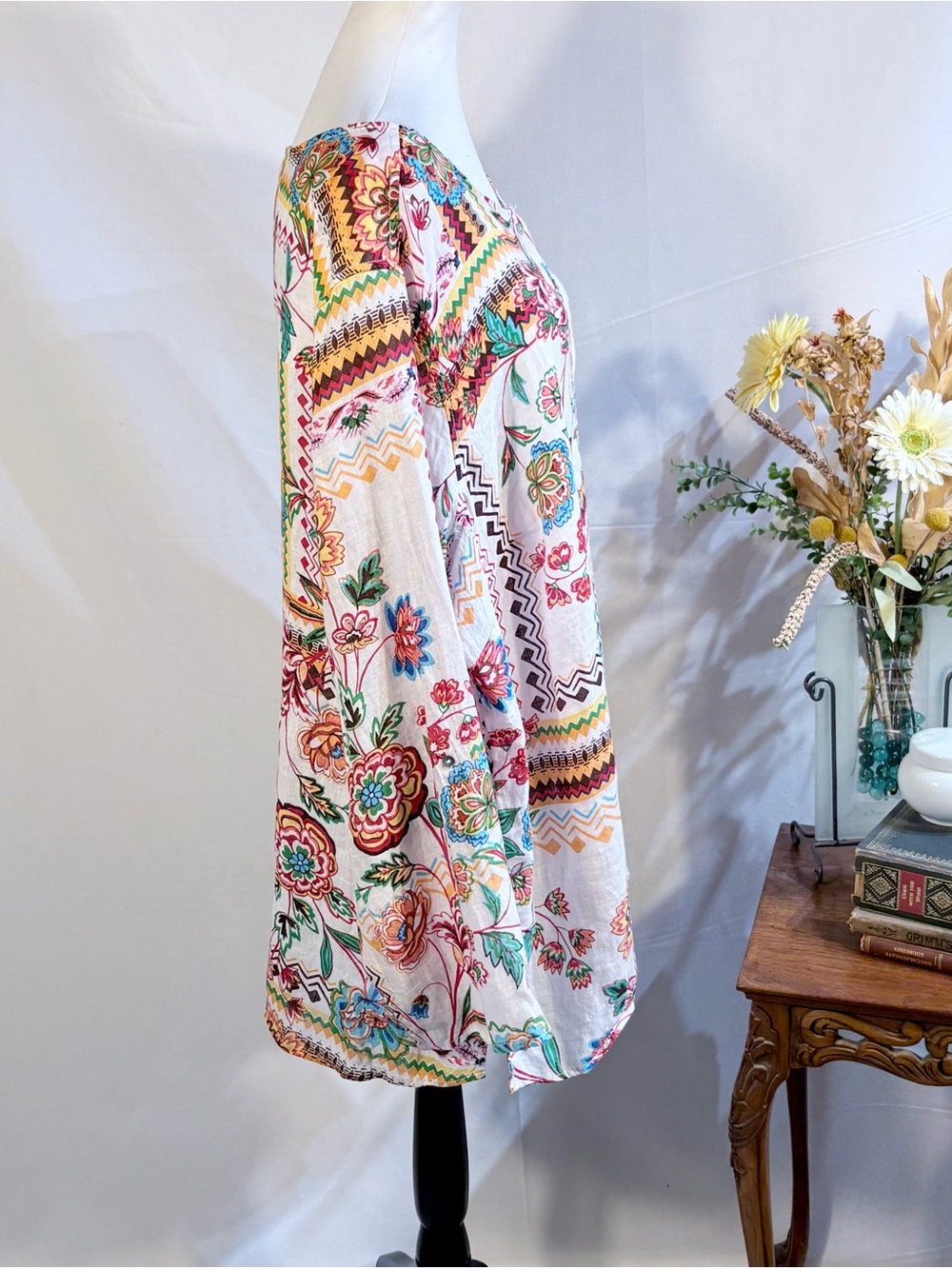 H Halston 100% Linen Floral Boho Button Front Roll Tab Sleeve Tunic Top 3X💚 - Picture 3 of 10